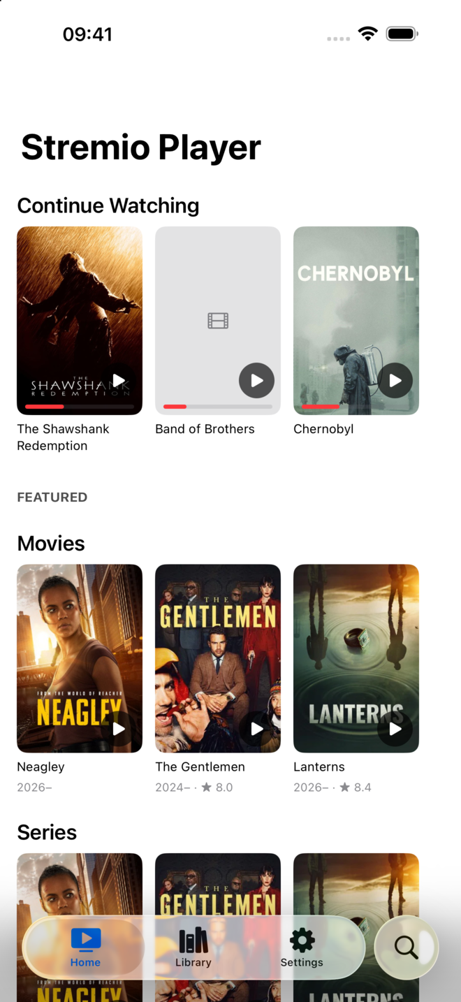 Stremio Player's Home screen on iPhone, with Continue Watching and poster rows